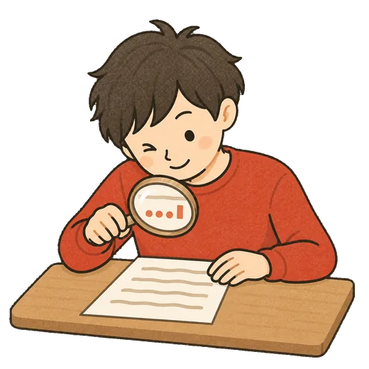 書類を拡大鏡で見て数字の材料を探しているイラスト