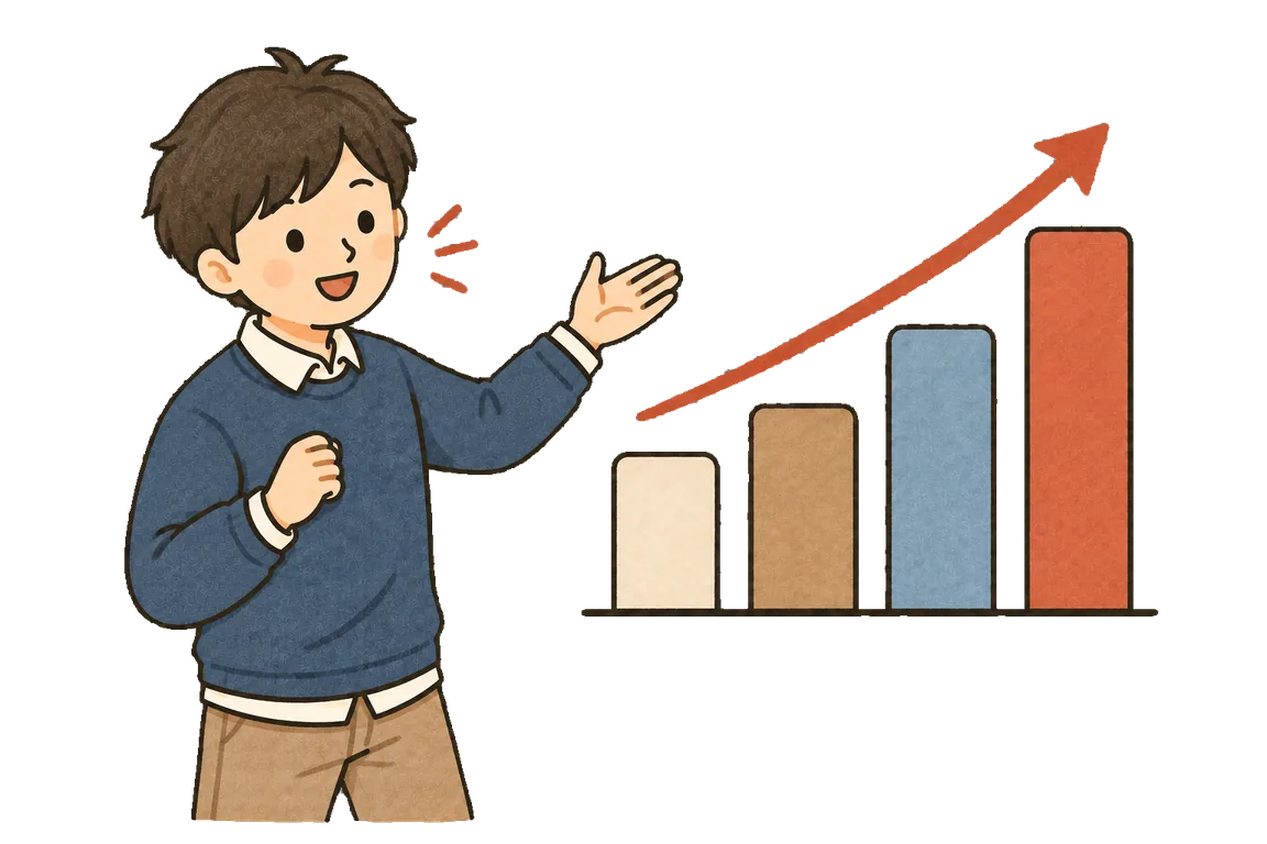 棒グラフを示しながら実績を説明しているイラスト