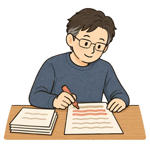 職務経歴書の直近の実績にマーカーを引いて整理しているイラスト