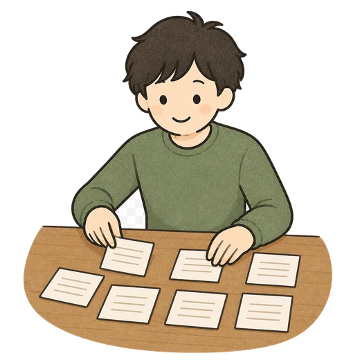 メモカードを並べて経験を棚卸ししているイラスト