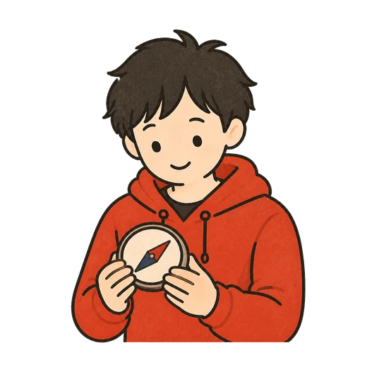 コンパスを手に方向を確かめるイラスト