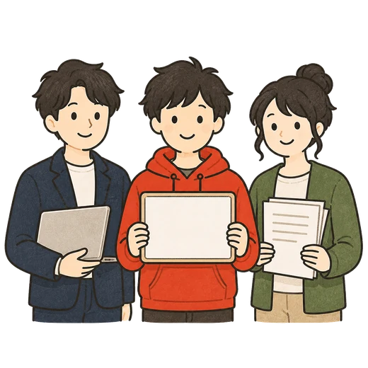 役割の異なる3人のエンジニアが並ぶイラスト