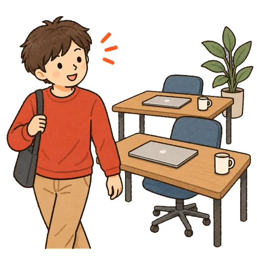 オフィスを見学しながら働く様子を見ているイラスト