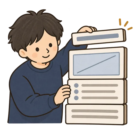 READMEをブロックで組み立てているイラスト