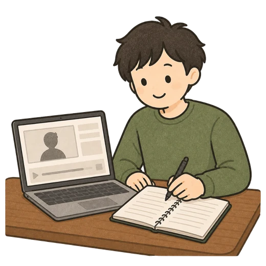 自分の録画を見返してメモを取っているイラスト
