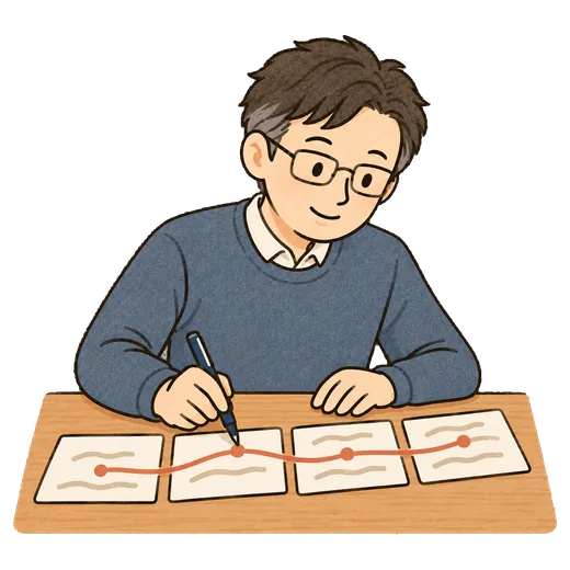 バラバラの経歴カードを1本の線でつないで筋を通しているイラスト