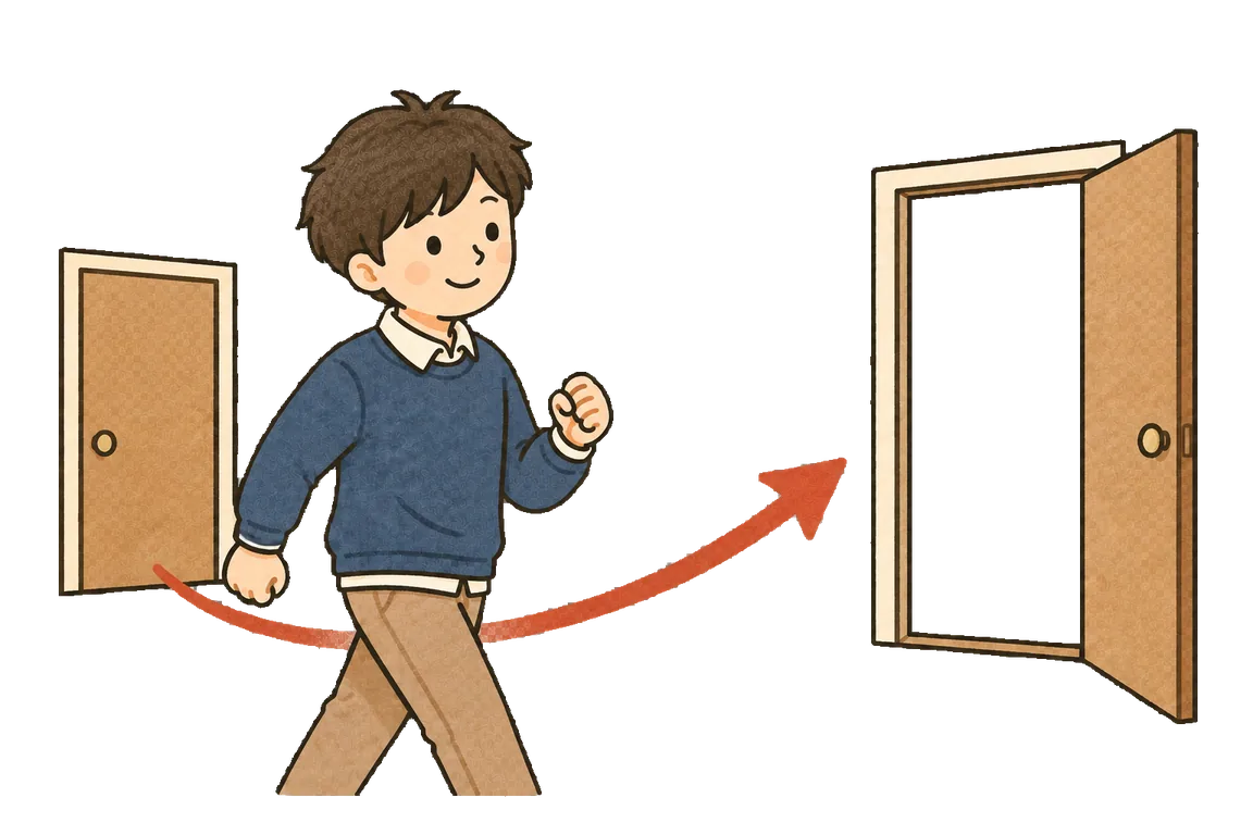 閉じた扉から開いた扉へ歩いていくイラスト