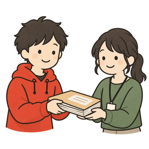 同僚に書類を渡して引き継ぎをしているイラスト