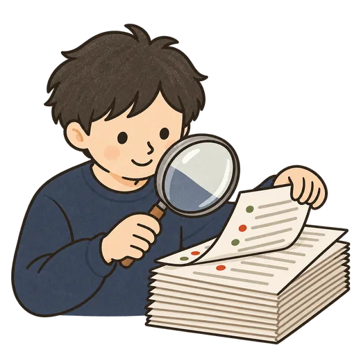 過去の対応記録を見返して材料を探しているイラスト