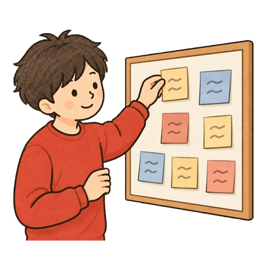 付箋を貼って自分の強みを棚卸ししているイラスト