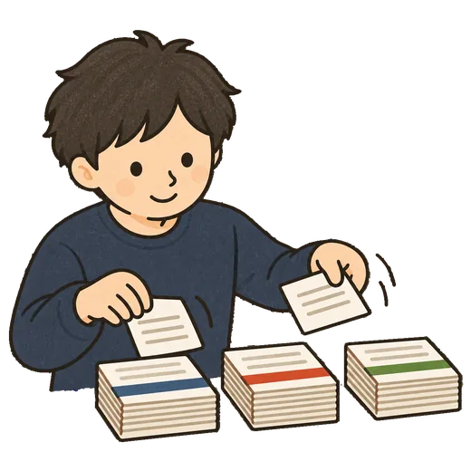 案件のカードを3つの山に分類しているイラスト