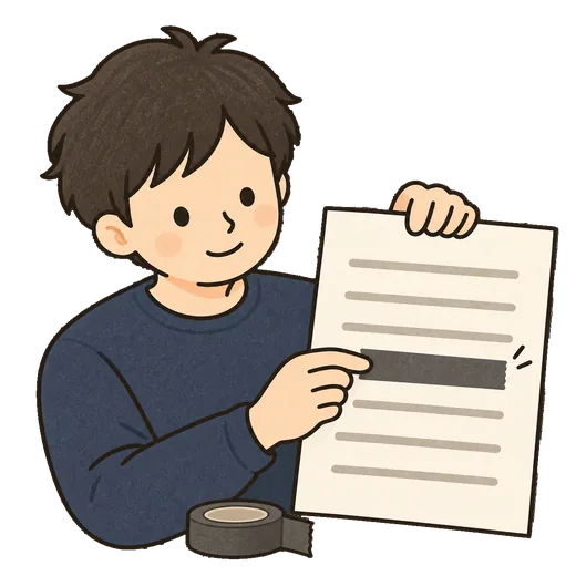 書類の一行を目隠しのテープで伏せているイラスト