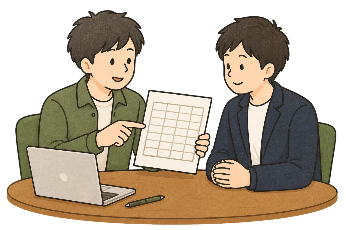 スキルシートを見せながら打ち合わせをしているイラスト