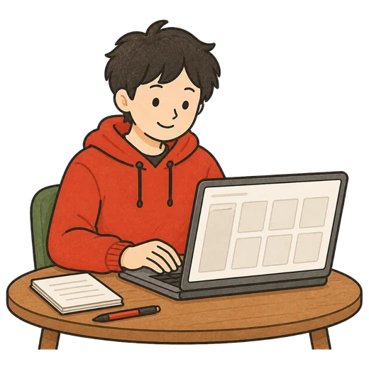 ノートPCでテンプレートを選んでいるイラスト