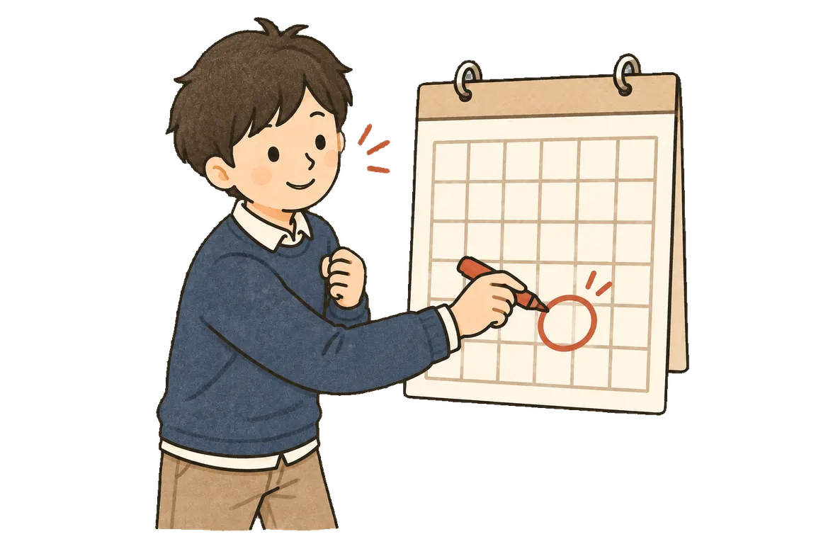 カレンダーの1日に丸をつけて入社日を決めているイラスト
