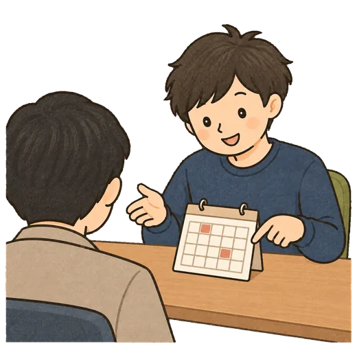 カレンダーを見せながら入社日を相談しているイラスト