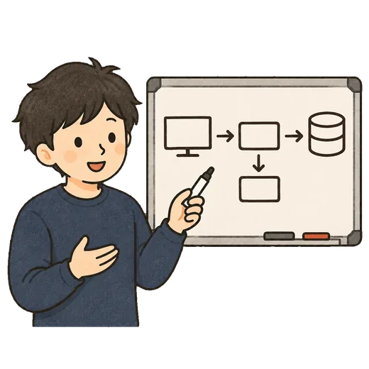ホワイトボードに構成図を描きながら説明しているイラスト