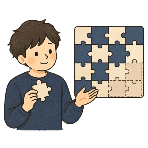欠けたピースのあるパズルを前に、分かる部分と分からない部分を分けて話しているイラスト