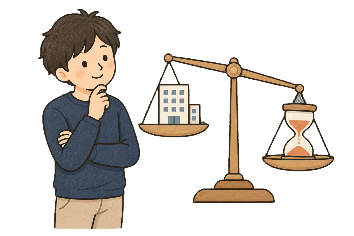 会社に残るか時間を取るかを天秤にかけて考えているイラスト