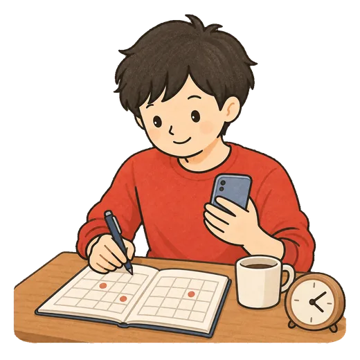 手帳に面接の予定を書き込みながら日程を調整しているイラスト