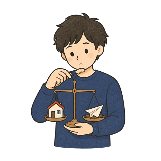 安定と自由を天秤にかけて考えるイラスト
