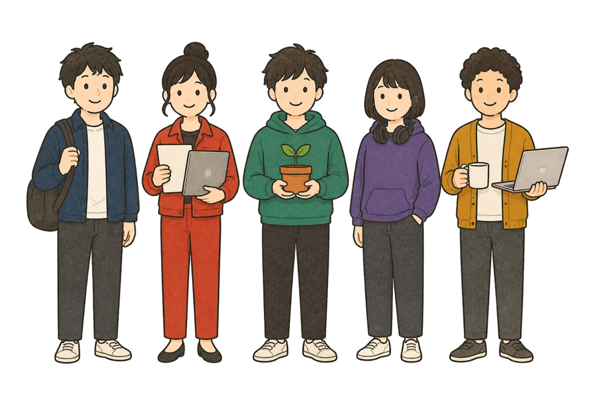 SES・受託開発・自社開発・社内SE・フリーランスの5人のエンジニアが並ぶイラスト